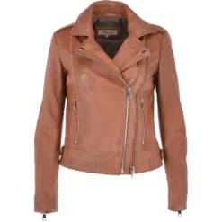 Twin Zip Fastening Leather Jacket Cognac : Ciara