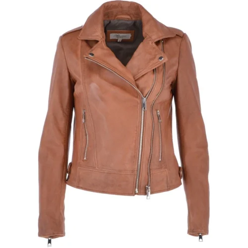 Twin Zip Fastening Leather Jacket Cognac : Ciara