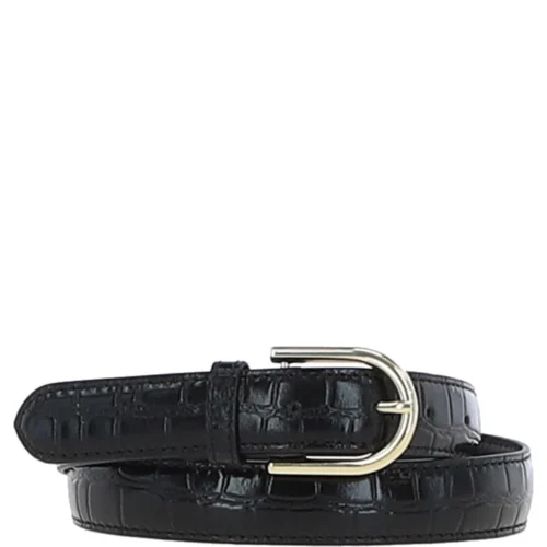 Women's Croc Print Leather Belt With Gold Metal Pin Buckle Black: C-99