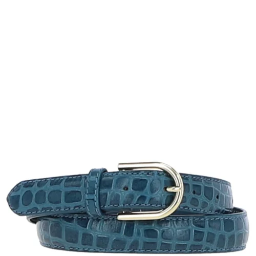 Women's Croc Print Leather Belt With Gold Metal Pin Buckle Teal: C-99