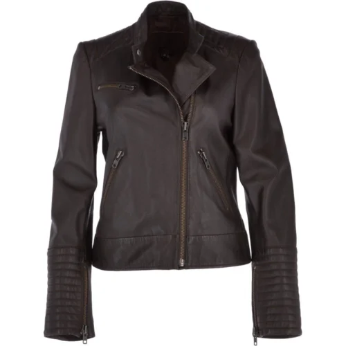 Women's Leather Biker Jacket Brown : Tavira