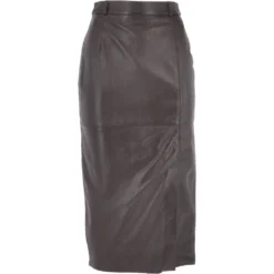 Women's Long 31 Inch Leather Skirt With Open Front Slit Brown : Sandra Skirt
