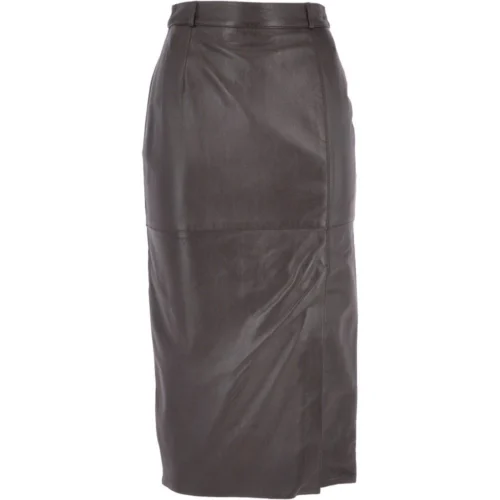 Women's Long 31 Inch Leather Skirt With Open Front Slit Brown : Sandra Skirt