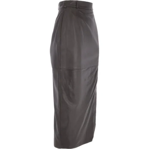 Women's Long 31 Inch Leather Skirt With Open Front Slit Brown : Sandra Skirt -The Bridge Store womens long 31 inch leather skirt with open front slit brown sandra skirt p3336 14615 image