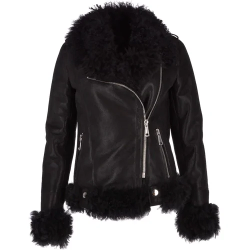 Womens Long Curly Sheepskin Suede Pilot Jacket Black : Catelyn