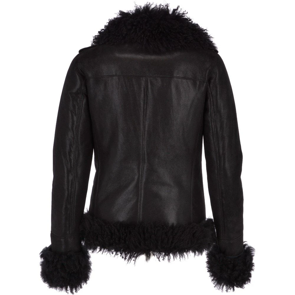 Womens Long Curly Sheepskin Suede Pilot Jacket Black : Catelyn 5 Womens Long Curly Sheepskin Suede Pilot Jacket Black : Catelyn - Image 3