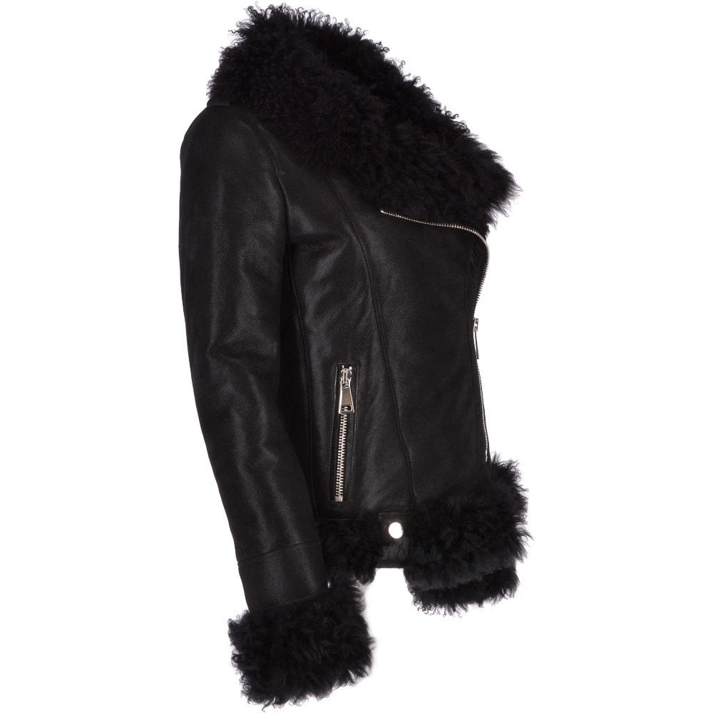 Womens Long Curly Sheepskin Suede Pilot Jacket Black : Catelyn 6 Womens Long Curly Sheepskin Suede Pilot Jacket Black : Catelyn - Image 4