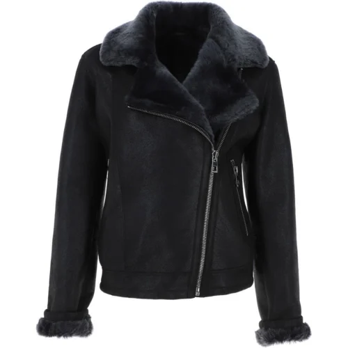 Womens Luxury Shearling Aviator Jacket Black/brissa: Alessa