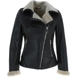Womens Luxury Shearling Jacket Black/cream: Alayna