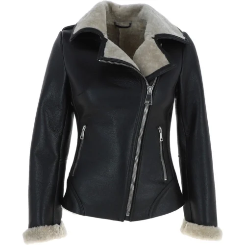 Womens Luxury Shearling Jacket Black/cream: Alayna