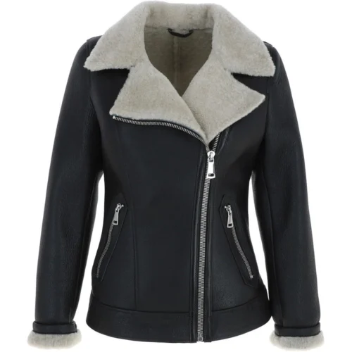 Womens Luxury Shearling Jacket Black/cream: P-48