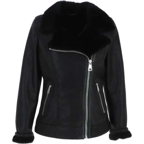 Womens Luxury Shearling Jacket Black: P-48