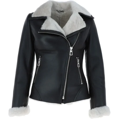 Womens Luxury Shearling Jacket Black/white: Alayna