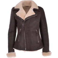 Womens Luxury Shearling Jacket Brown/Cream: Alayna