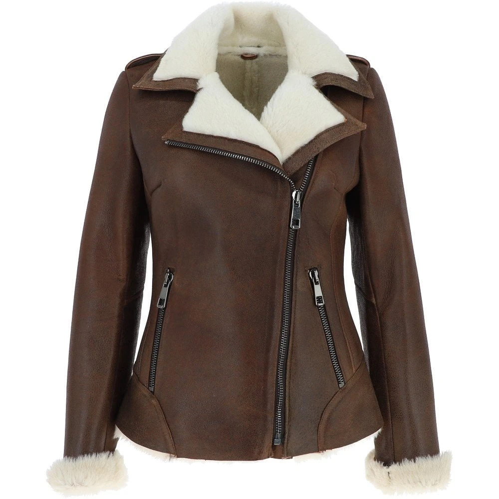 Womens Luxury Shearling Jacket Tobacco/Cream: Alayna 3 Womens Luxury Shearling Jacket Tobacco/Cream: Alayna