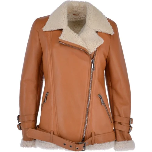 Womens Luxury Side Zip Sheepskin Pilot Jacket Tan : Caitlin