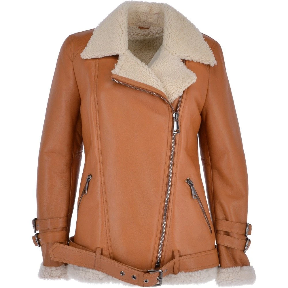 Womens Luxury Side Zip Sheepskin Pilot Jacket Tan : Caitlin 3 Womens Luxury Side Zip Sheepskin Pilot Jacket Tan : Caitlin