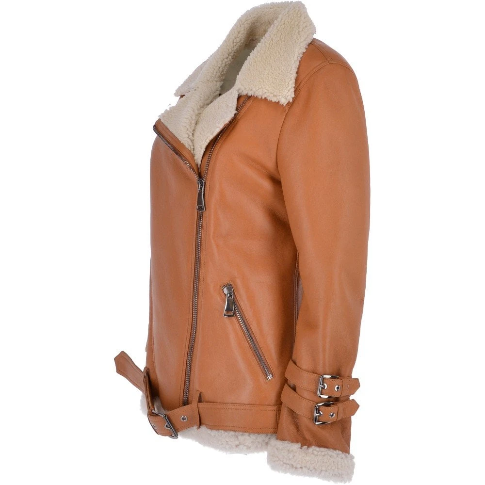 Womens Luxury Side Zip Sheepskin Pilot Jacket Tan : Caitlin 4 Womens Luxury Side Zip Sheepskin Pilot Jacket Tan : Caitlin - Image 2