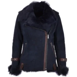 Womens Luxury Side Zip Toscana Suede Sheepskin Pilot Jacket Ombre Blue : Lyanna