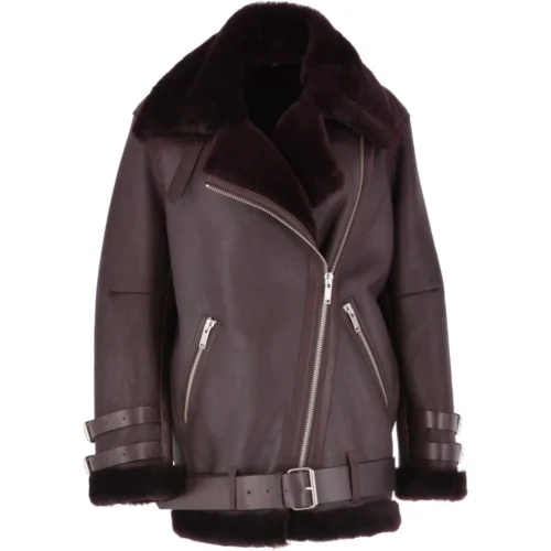 Womens Oversized Sheepskin Flying Biker Jacket Bordeaux : Khloe