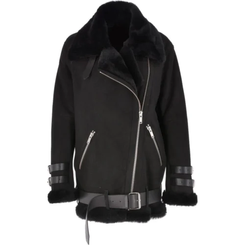 Womens Oversized Sheepskin Flying Jacket Black/Snuff : Khloe