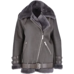 Womens Oversized Sheepskin Flying Jacket Grey : Khloe