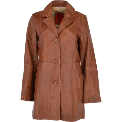 Womens Single Breasted Leather Coat Cognac/app : Bridget