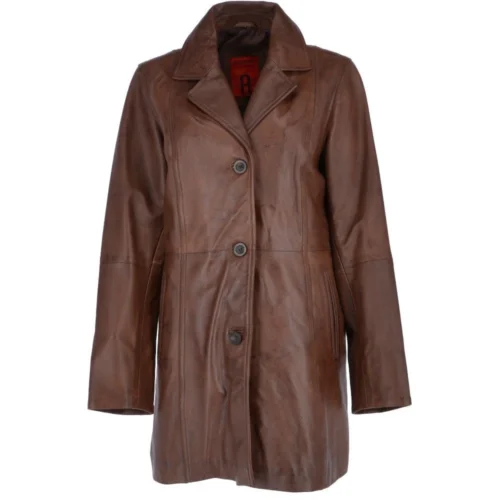 Womens Single Breasted Leather Coat Mid Brown/app: Bridget