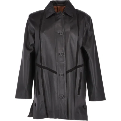 Womens Single Breasted Oversized Leather Coat Black/ani : Fiona