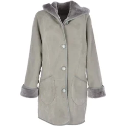 Womens Suede Sheepskin Hooded Coat Grey: Heather