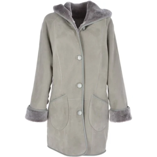 Womens Suede Sheepskin Hooded Coat Grey: Heather