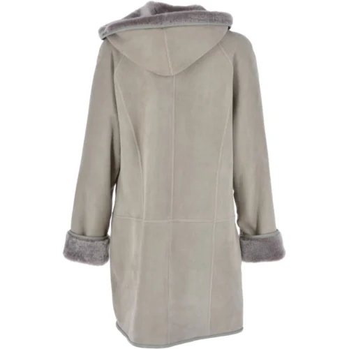 Womens Suede Sheepskin Hooded Coat Grey: Heather -The Bridge Store womens suede sheepskin hooded coat grey heather p2996 13281 image